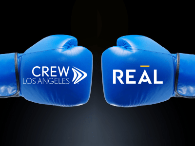 head to head blue boxing gloves with crew la and real logos