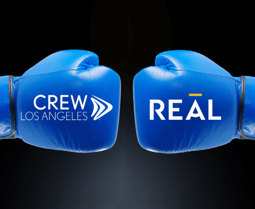 head to head blue boxing gloves with crew la and real logos