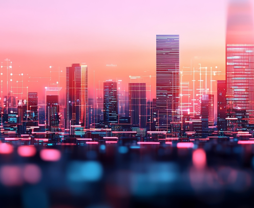 Digital overlay on skyline technology concept illustration.