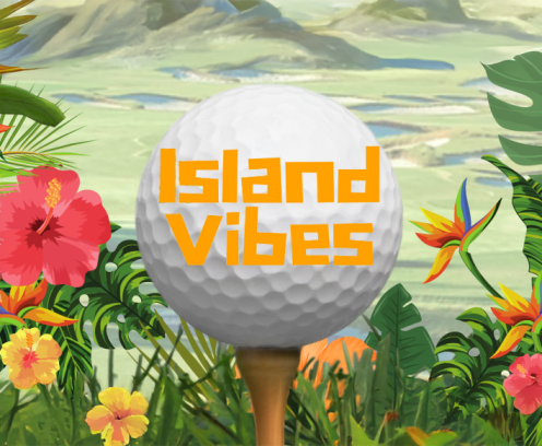 Golf ball on tee amidst tropical flowers, Island Vibes.
