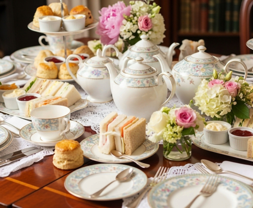 Table set for afternoon tea with ornate blue floral china with sandwiches, biscuits, and small rose bouquets.