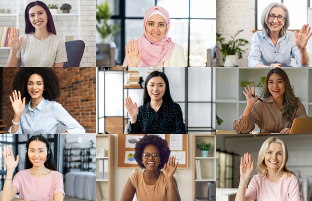 Colleagues greeting each other during online morning meeting. Video call screen with group of diverse office employees waving hello, nine people have video conference, involved in educational webinar
