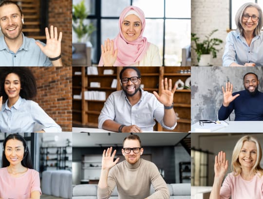 Colleagues greeting each other during online morning meeting. Video call screen with group of diverse office employees waving hello, nine people have video conference, involved in educational webinar