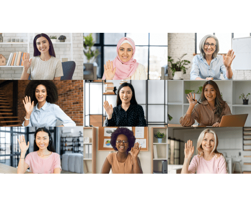 Colleagues greeting each other during online morning meeting. Video call screen with group of diverse office employees waving hello, nine people have video conference, involved in educational webinar
