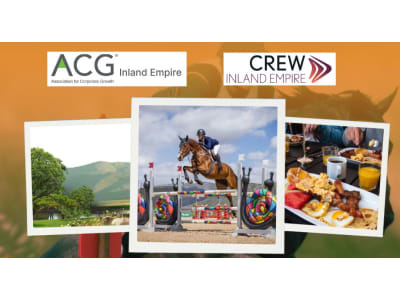 collage of images, mountains, a show horse jumping a pole, and a breakfast buffet