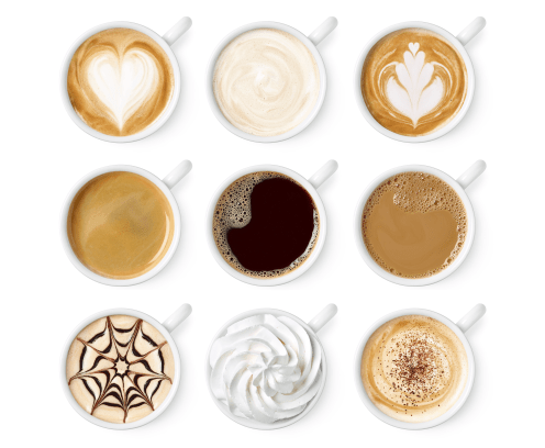 Set of different coffee types isolated on white background, top view