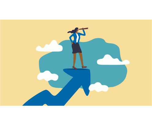 Woman leader with lady power business vision, woman visionary to see business opportunity concept, success businesswoman standing on top of rising arrow with telescope or spyglass to see future vision