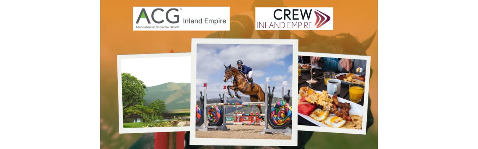 collage of images, mountains, a show horse jumping a pole, and a breakfast buffet