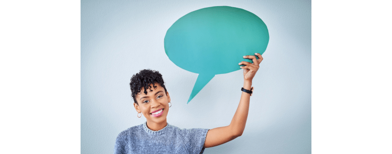 Studio, woman and portrait with speech bubble for opinion, voice and communication with mockup. Female person, advertising and marketing for product placement, billboard and info by gray background.
