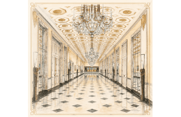Sketch of an opulent ballroom entry hall with glass chandeliers and gold ceiling tiles.