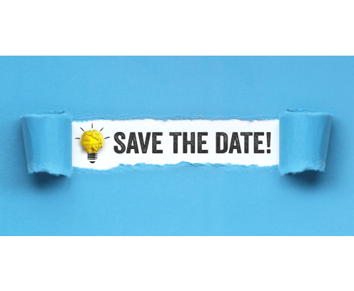 Blue paper with portion peeled away revealing a lightbulb and save the date text.