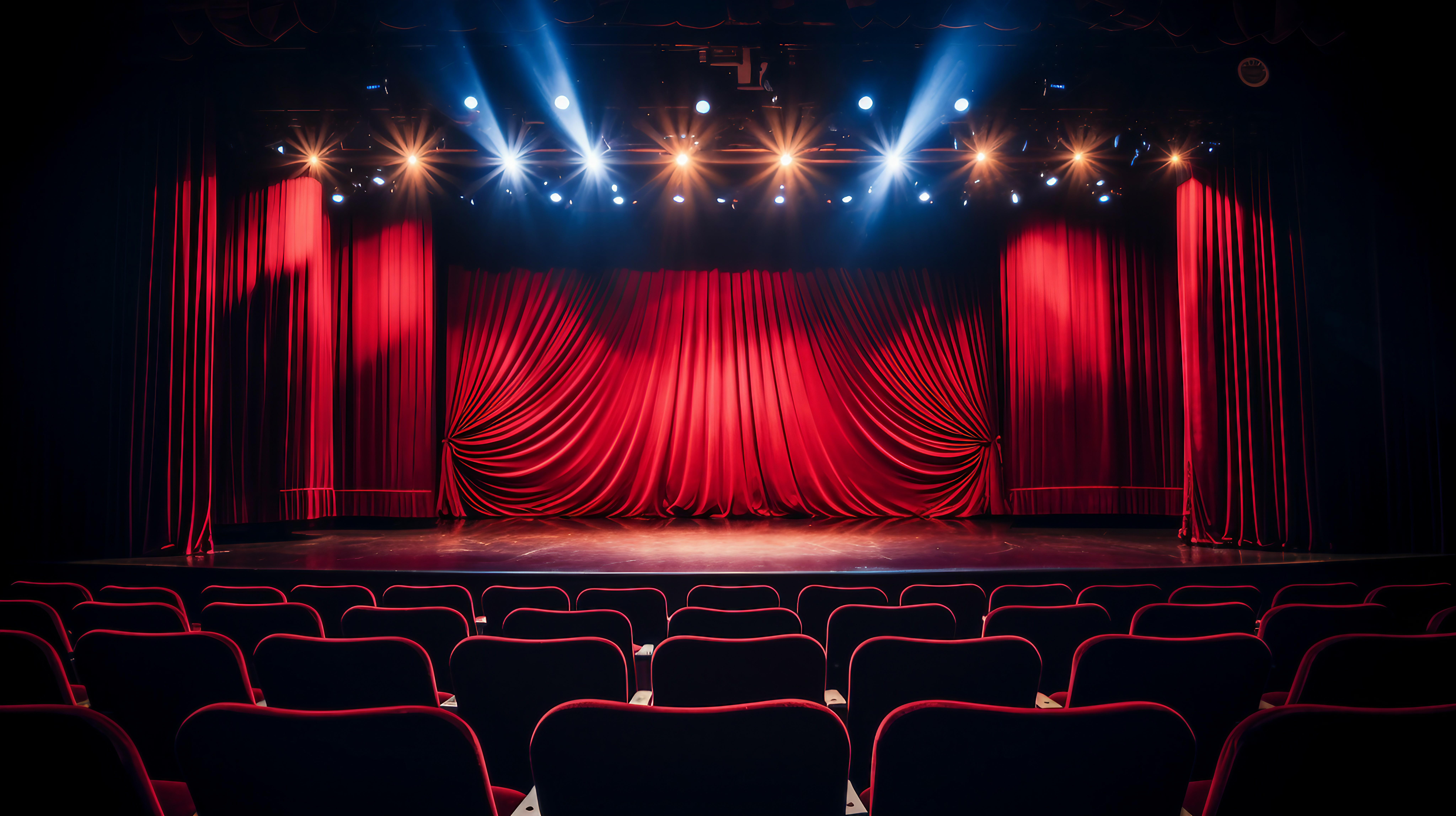 Empty stage with bright lights and red curtains