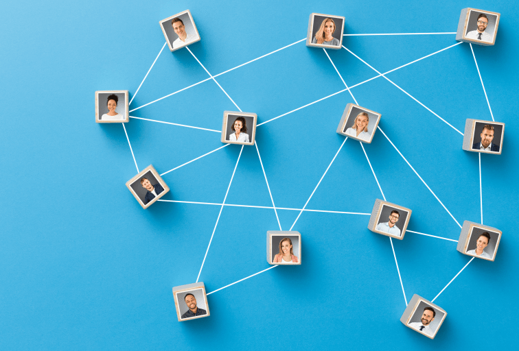 portrait image blocks linked with white lines on blue background networking concept