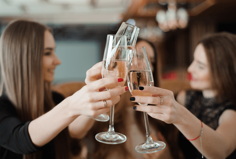 Portrait of happy young friends touching the glasses with each other