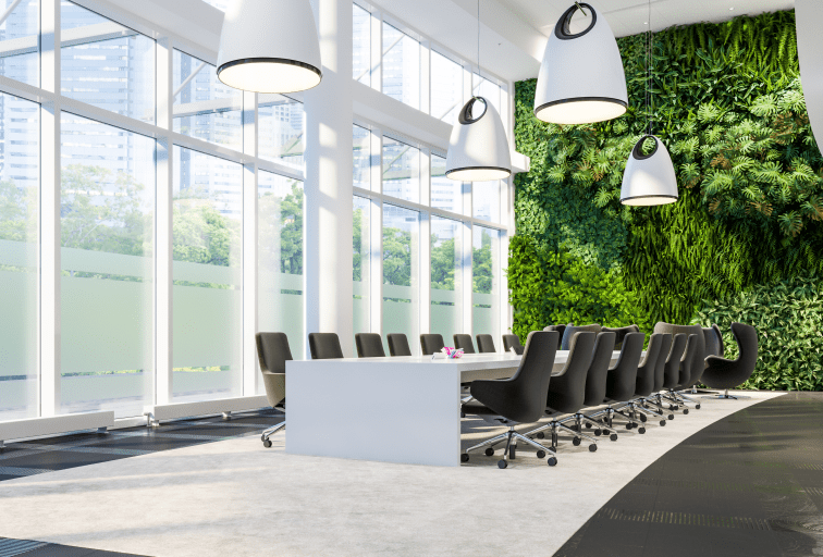 Green Wall in Office. Meeting hall in business center. Meeting interior. Vertical Garden
