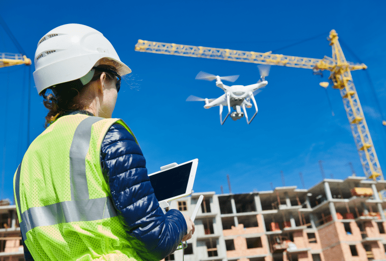 Construction female worker piloting drone at building site. video surveillance or industrial inspection
