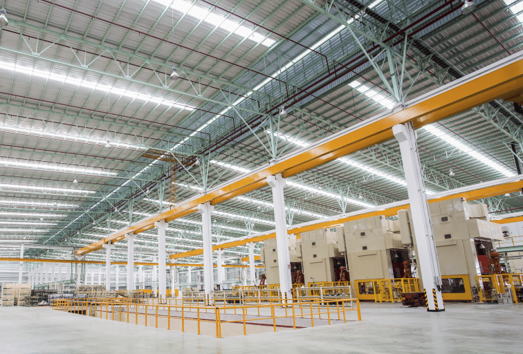 Inside an industrial warehouse