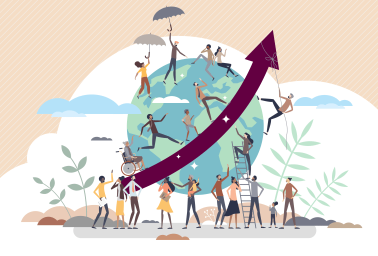 Overpopulation and human crowd density growth on earth tiny person concept. People count development and volume rising as demography statistics measurement vector illustration. Earth population scene.