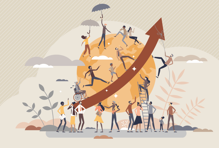 Overpopulation and human crowd density growth on earth tiny person concept. People count development and volume rising as demography statistics measurement vector illustration. Earth population scene.