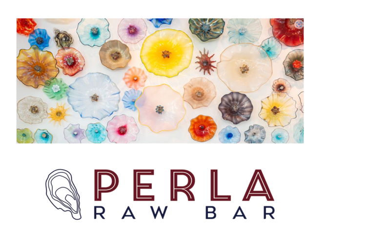 artistic glass renderings of sea shells hang over sign that says perla raw bar in a oyster bar