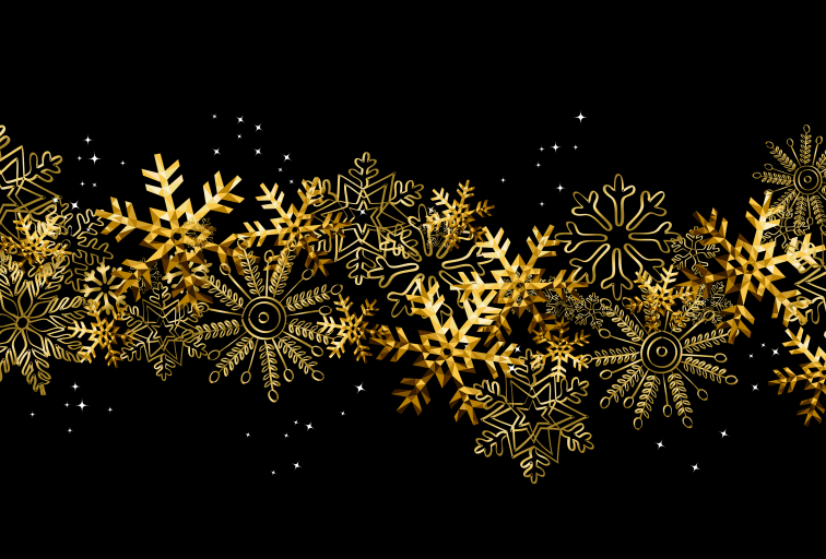 gold shiny snowflakes against a black background