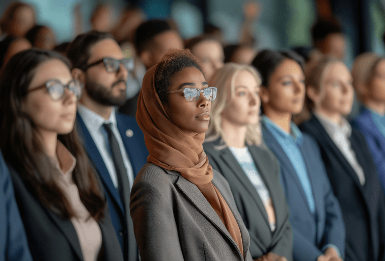 A diverse group of people from various races and backgrounds wearing formal suits and ties, swearing in the constitution.