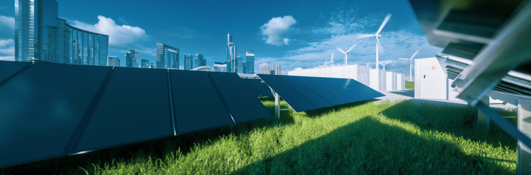 Modern black frameless solar panel farm, battery energy storage and wind turbines on fresh green grass under blue sky - concept of green sustainable energy  system. 3d rendering.