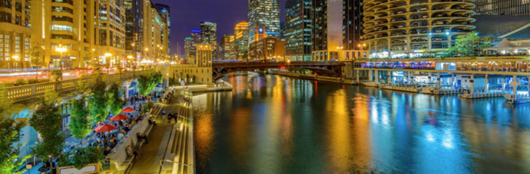 chicago river with some highrises nighttime