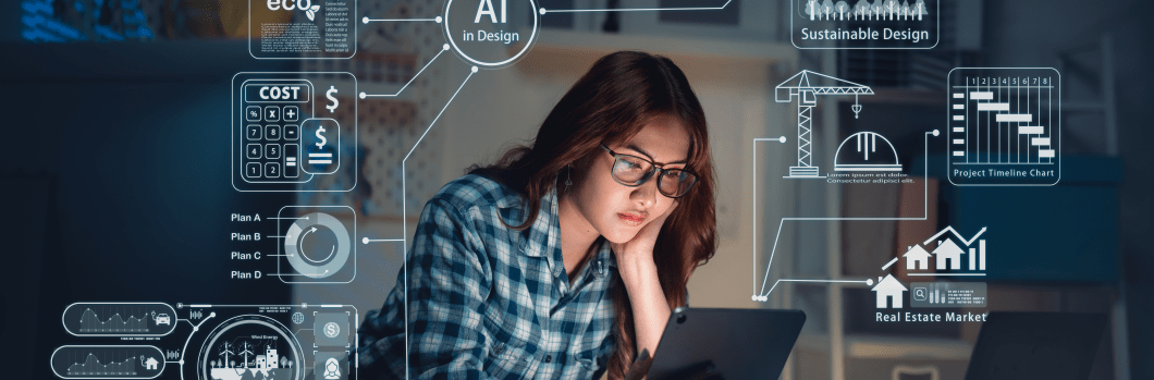 Woman engineer analyzes eco-friendly design on tablet. Futuristic business concept: Woman engineer analyzing eco-friendly design, project timeline, and ESG investment data on digital interface in office.