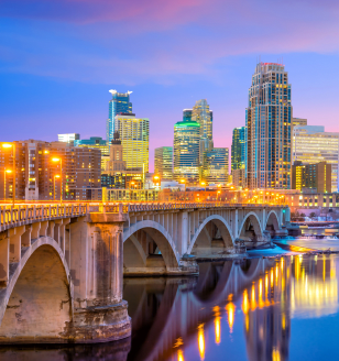 Minneapolis downtown skyline in Minnesota, USA at sunset