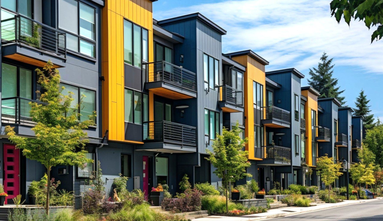 Dark grey and yellow apartment buildings