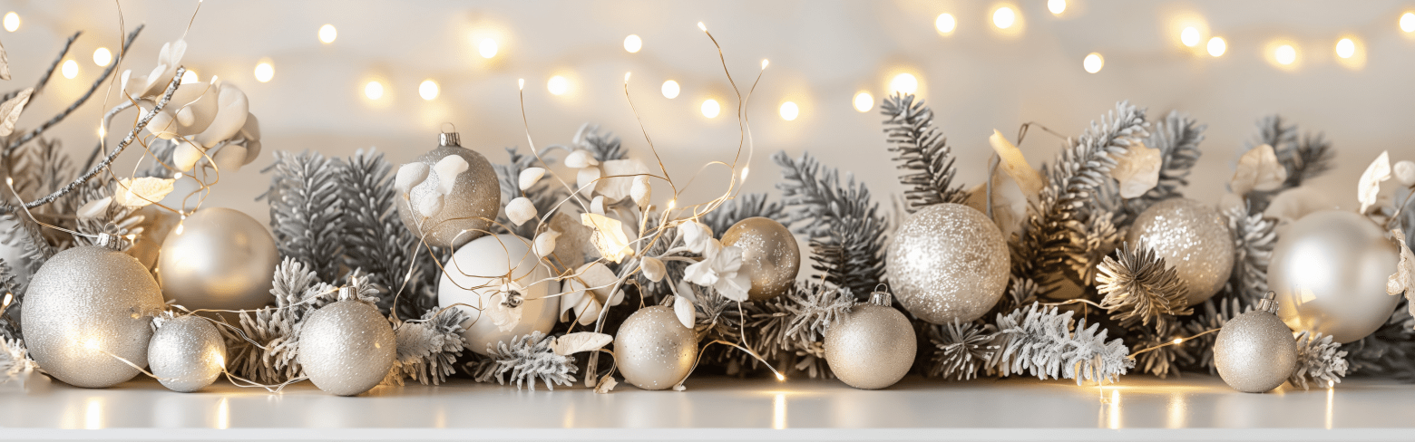 Elegant and minimalistic photoreportage of a festive garland, bright and light design, isolated on a white background, with delicate ornaments and lights --ar 8:3 --style raw --stylize 250 Job ID: 943c69e6-3d50-4bf8-b61d-13689948bd59