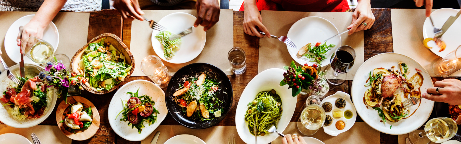 Aerial view of a table full of food