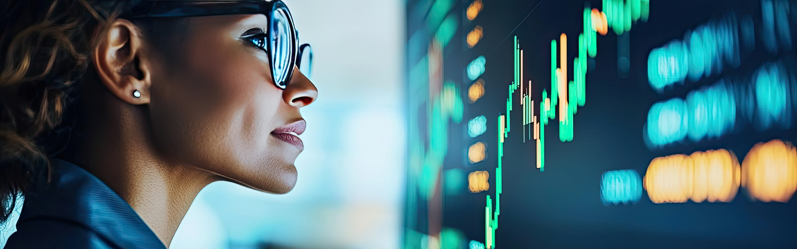 Green stock market chart with businessman in industry concept. Professional woman analyzing financial market trends on a screen.