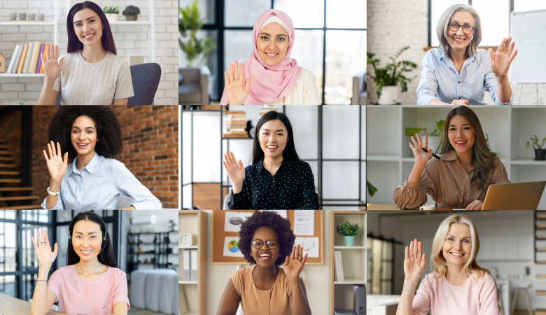 Colleagues greeting each other during online morning meeting. Video call screen with group of diverse office employees waving hello, nine people have video conference, involved in educational webinar