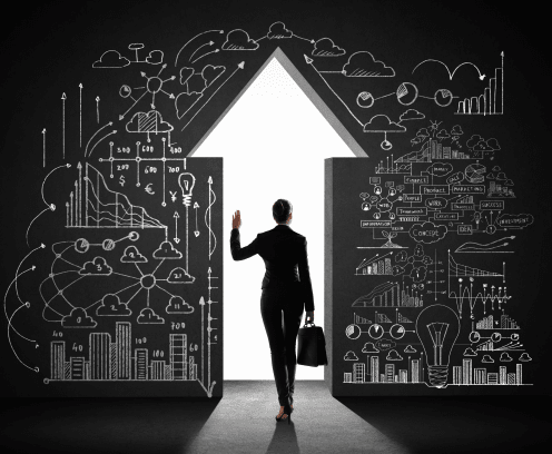 Business woman holding a briefcase walking through an arrow pointing up while waving