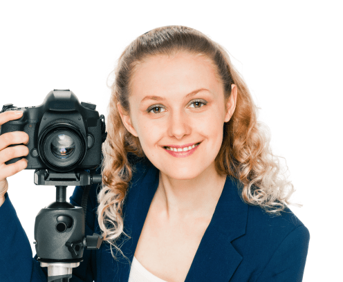 portrait of beauty woman with camera on white