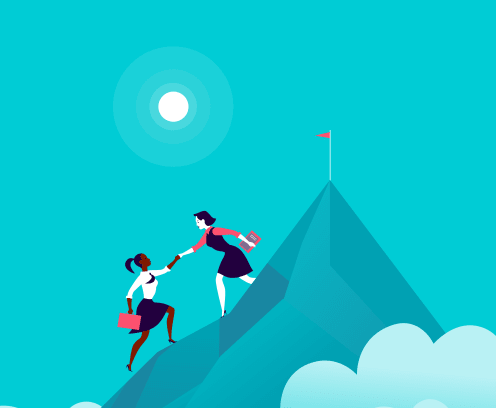 Flat illustration with business ladies climbing together on mountain peak top on blue clouded sky background. Team work, achievement, reaching aim, partnership, motivation, support, - metaphor.
