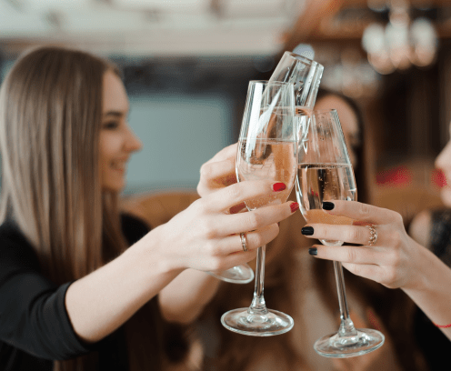 Portrait of happy young friends touching the glasses with each other