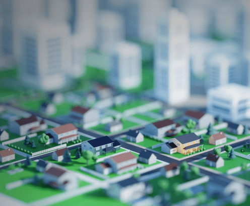Clean, modern city with parks and green spaces. Digital 3D rendering.