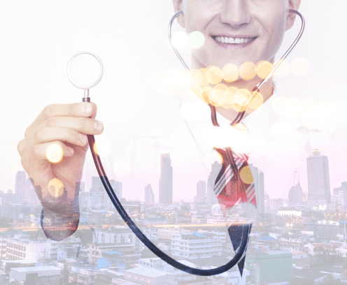 Smart healthcare hub disruption technology concept. Double exposure of professional doctor holding stethoscopes and metro city bokeh flare light in smart hospital.