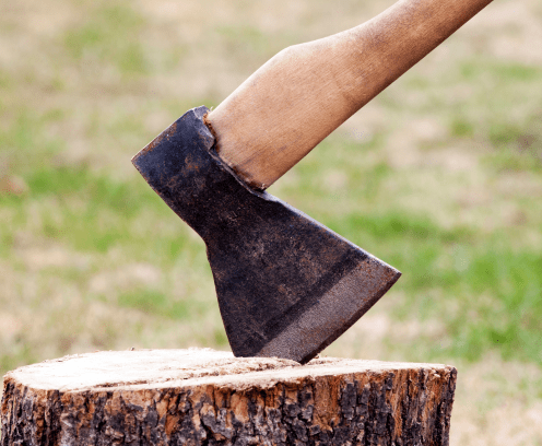 The wood chopper sticks out in wooden hemp. Ax and ax handle. Woodworking. Deforestation by a sharp axe. Ax to chop wood. Rusty but very sharp forester's ax or carpenter's axe.