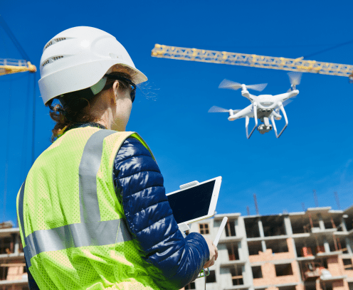 Construction female worker piloting drone at building site. video surveillance or industrial inspection