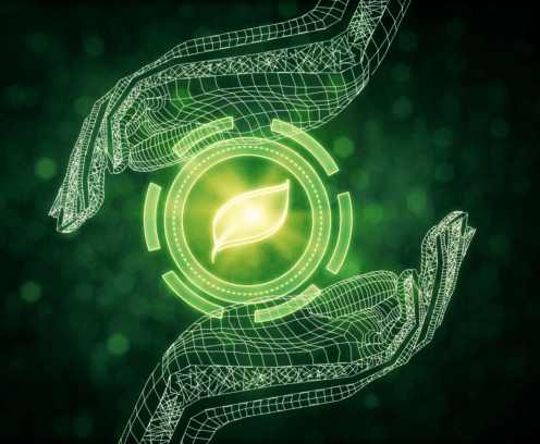 Abstract digital hands holding leaf icon on dark background. 3D Rendering. Go green concept