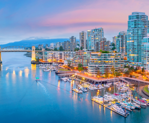 Beautiful view of downtown Vancouver skyline, British Columbia, Canada at sunset