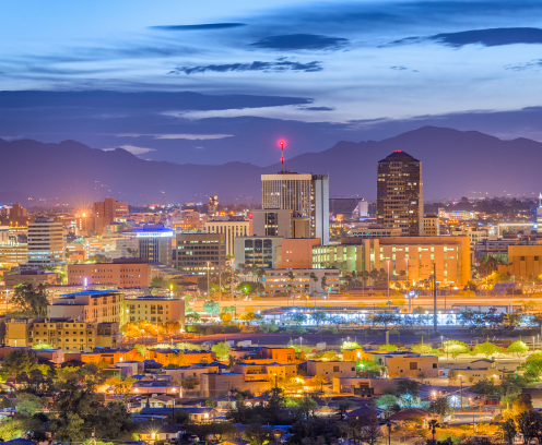 Tucson, Arizona, USA downtown skyline from Sentinel Peak at dawn.