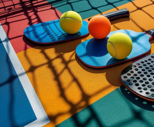 Pickleball paddles balls colorful court