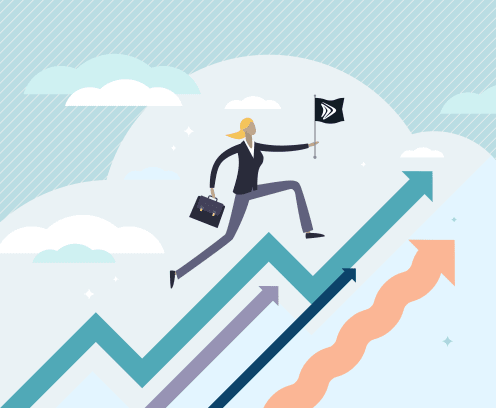 Income growth concept, flat tiny person vector illustration. Upward arrow symbol, creative running businessman progress scene. Reaching financial goals and successful managing return on investment.