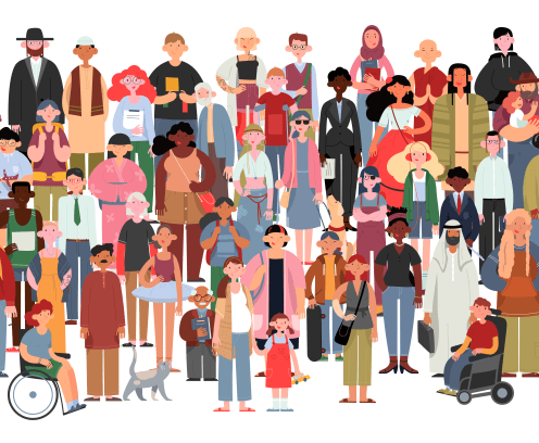 Socially diverse multicultural and multiracial people on an isolated white background. Happy old and young women and men with children, as well as people with disabilities standing together.