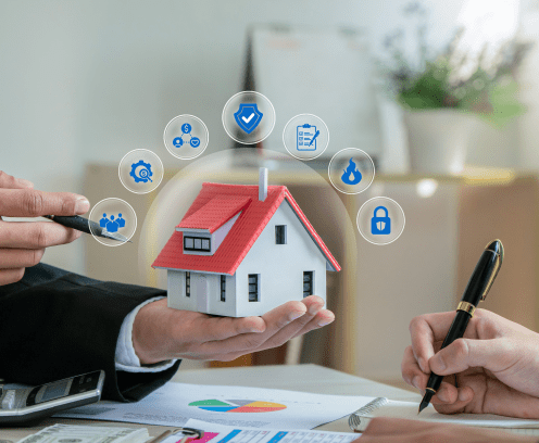 Man insurance agent holding house model with home insurance icon. Property insurance security concept to protect family, real estate from accidents and unexpected disaster.